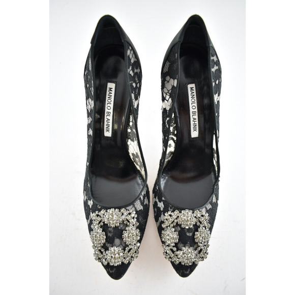 Manolo Blahnik Hangisila Hangisi 105 Black Lace Crystal Buckle Heel Pump 39.5 - Picture 7 of 12